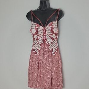 Sequin Butterfly-Embellished Rose Pink Slip Dress Size Large New w/o Tags